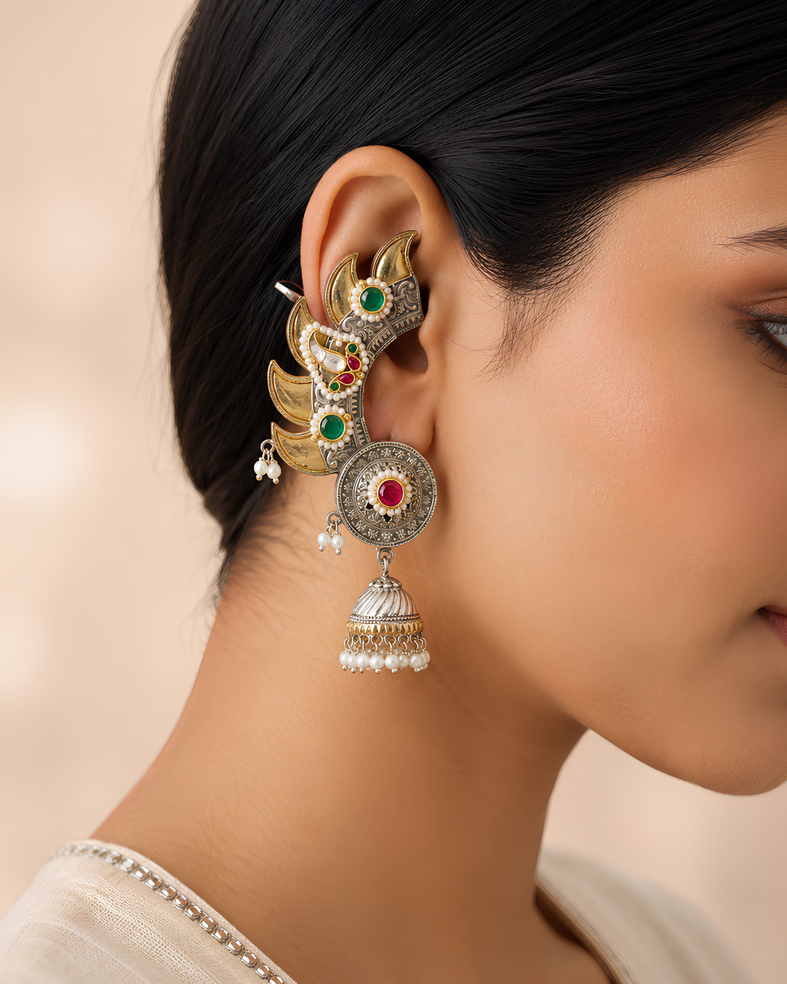 Dual-Tone Flame Motif Ornate Ear Cuff Jhumkas