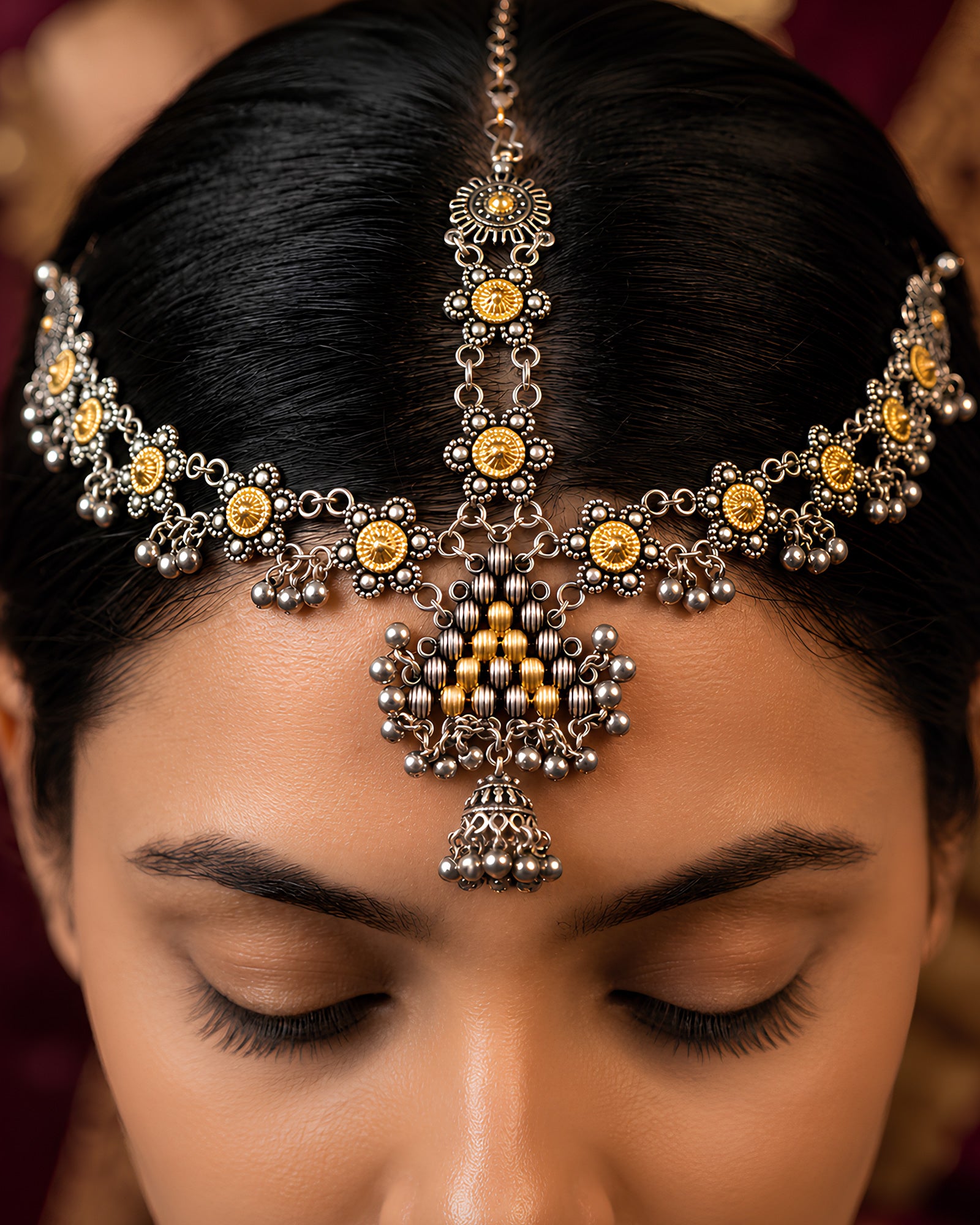 Dual-Tone Floral & Bead-Fringed Matha Patti