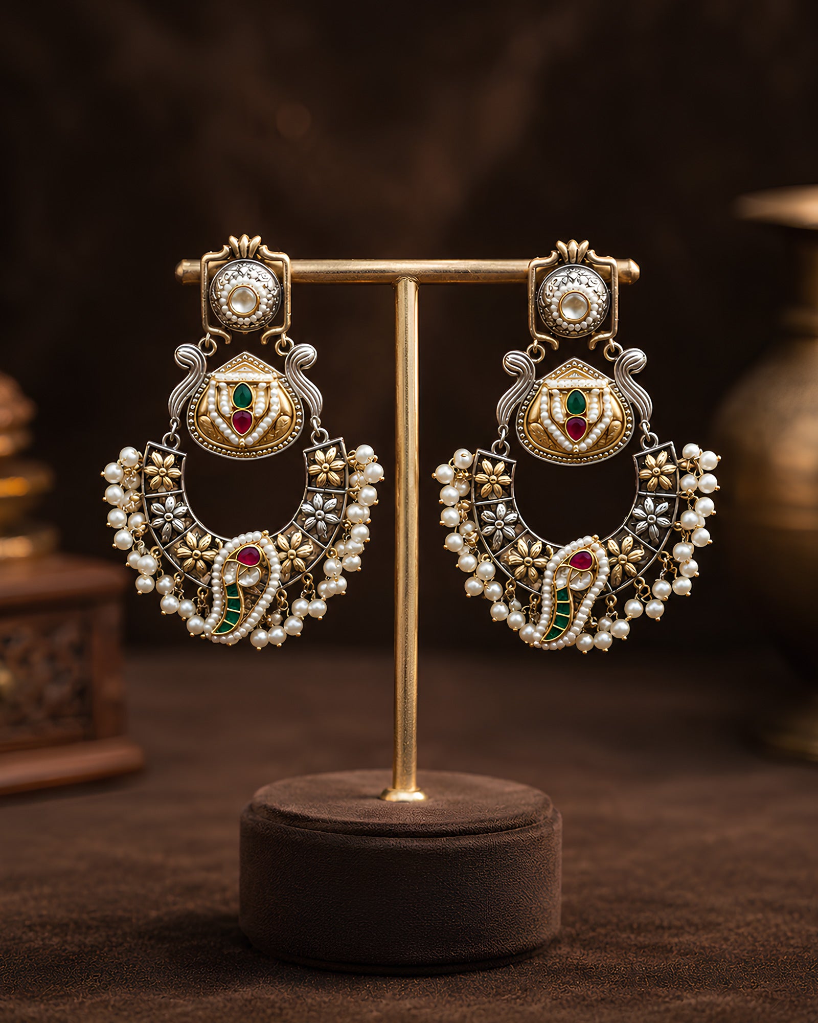 Dual-Tone Floral Arch & Pearl Crescent Earrings