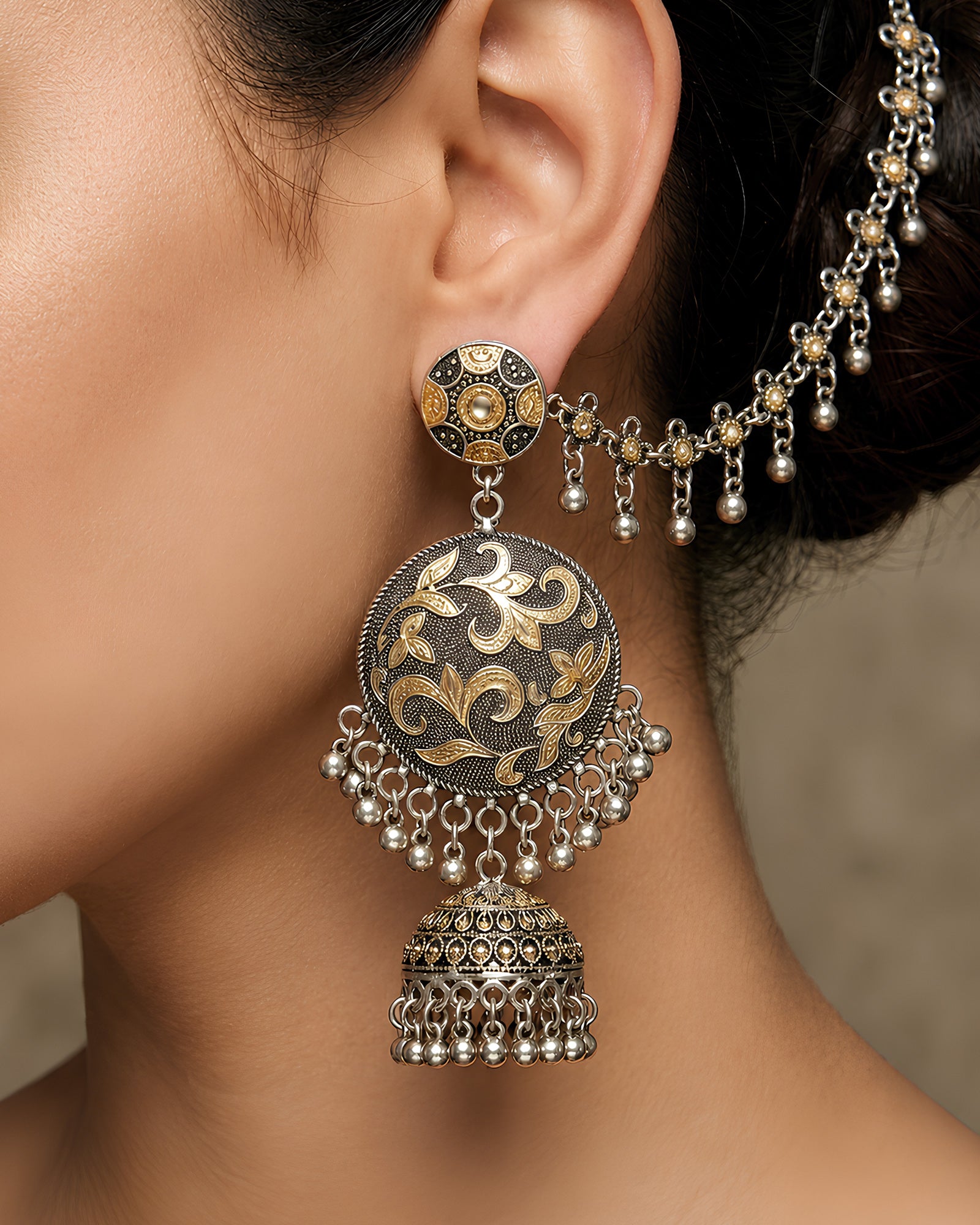 Dual-Tone Floral Bahubali Jhumka Earrings