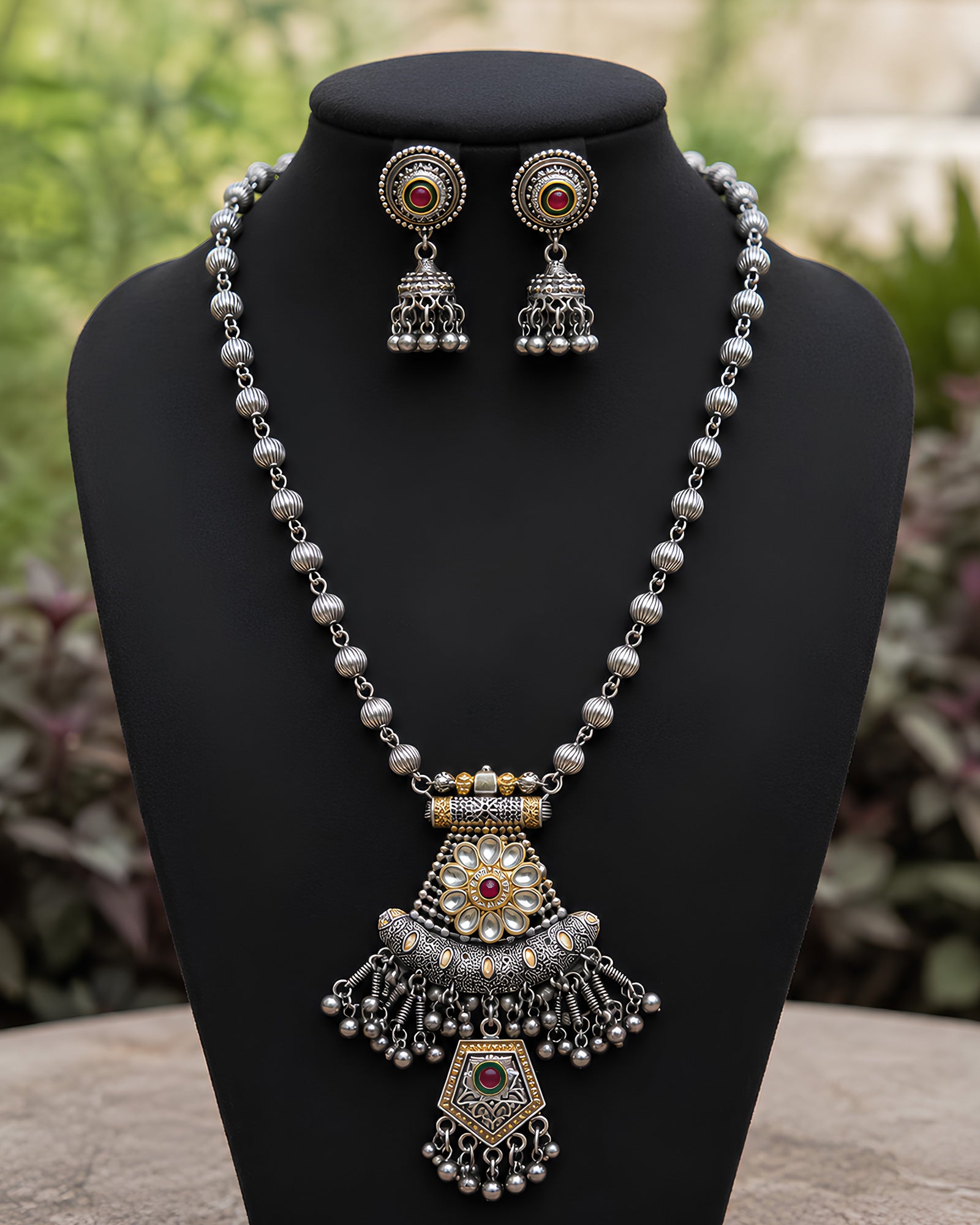 Dual-Tone Floral Kundan & Ghungroo Long Necklace