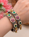 Dual-Tone Floral Kundan & Green Cabochon Kada