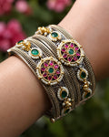 Dual-Tone Floral Kundan & Pearl Mesh Kada