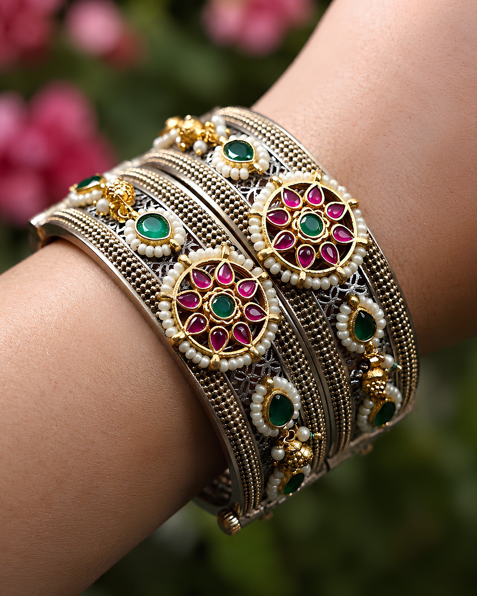Dual-Tone Floral Kundan & Pearl Mesh Kada
