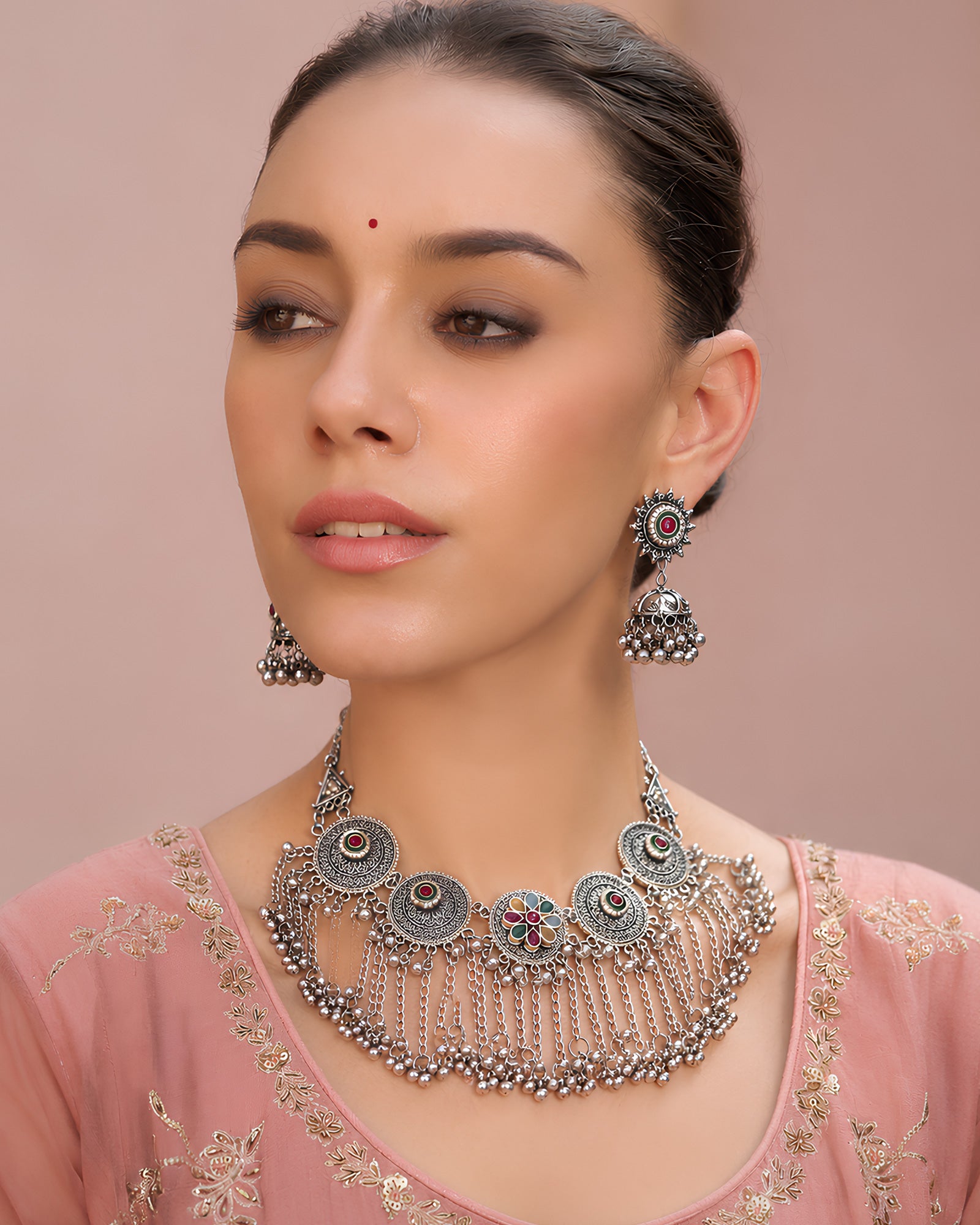 Dual-Tone Floral Medallion & Chain Fringe Choker Set