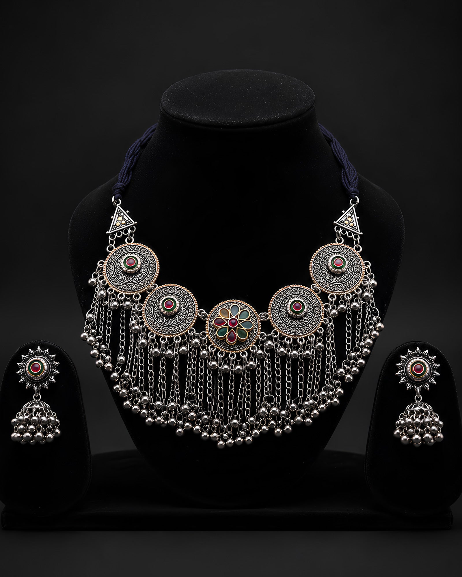 Dual-Tone Floral Medallion & Chain Fringe Choker Set