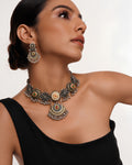 Dual-Tone Floral Medallion & Crescent Drop Necklace Set