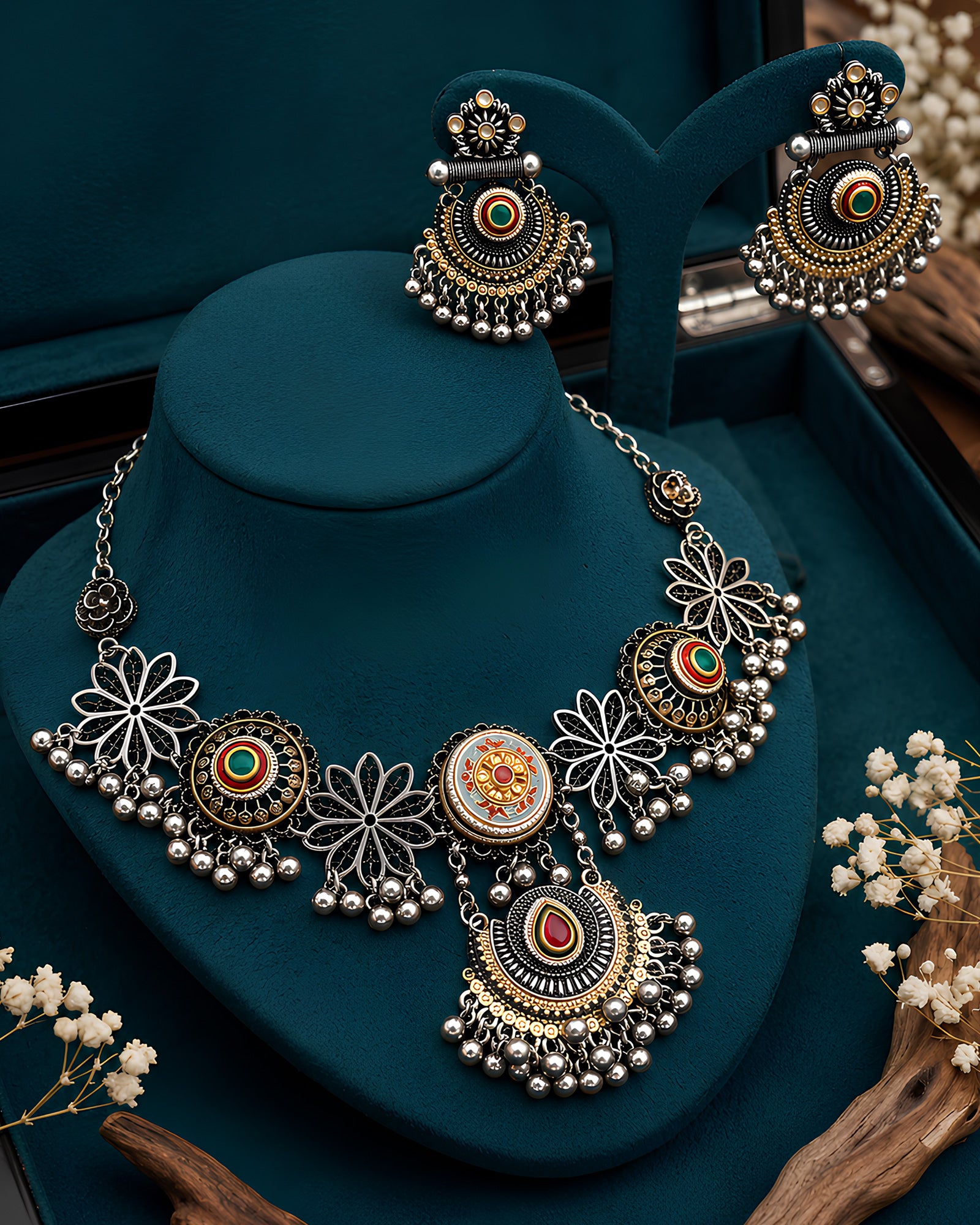 Dual-Tone Floral Medallion & Crescent Drop Necklace Set