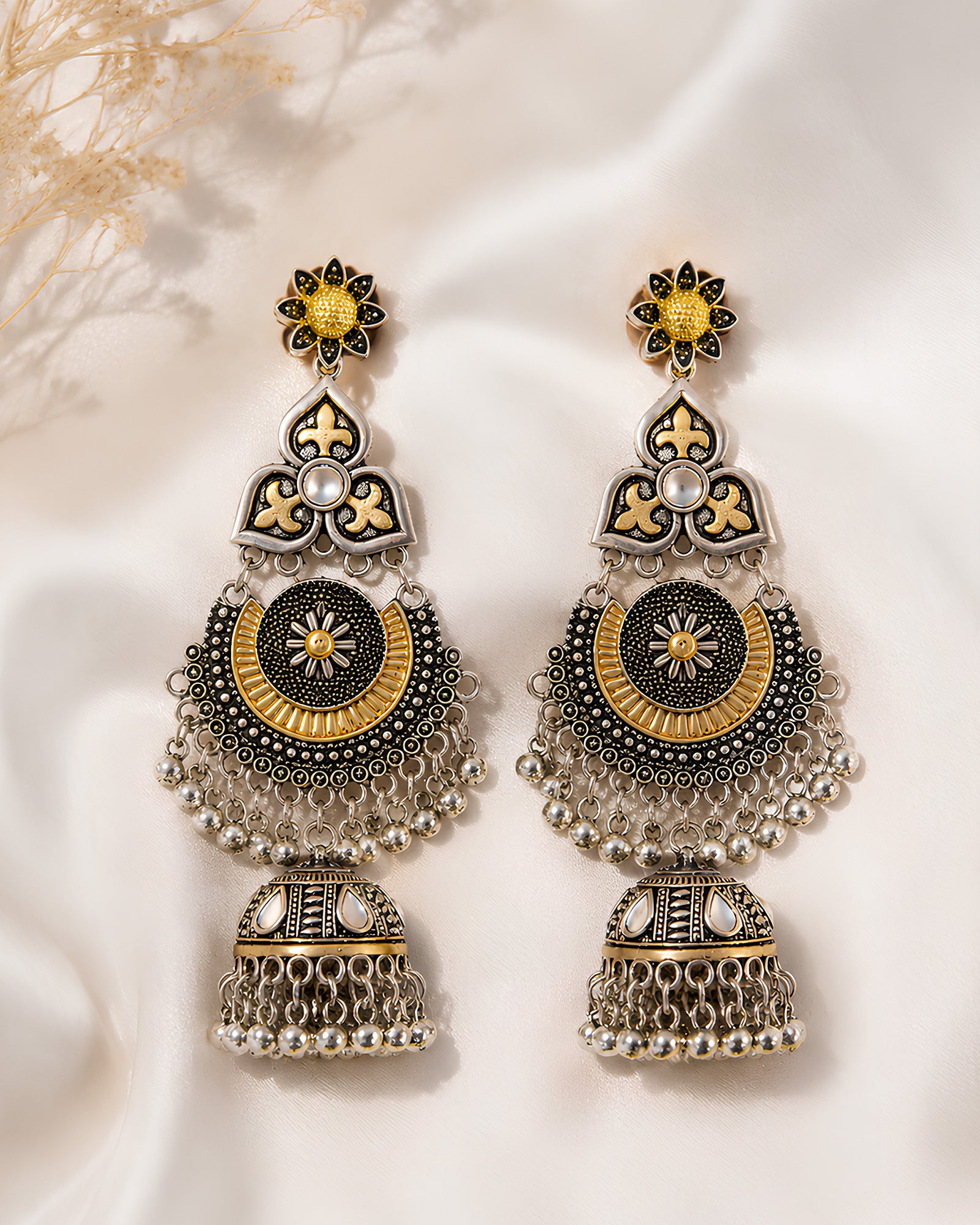 Dual-Tone Floral Mirror-Work Chandbali Oxidized Jhumkas