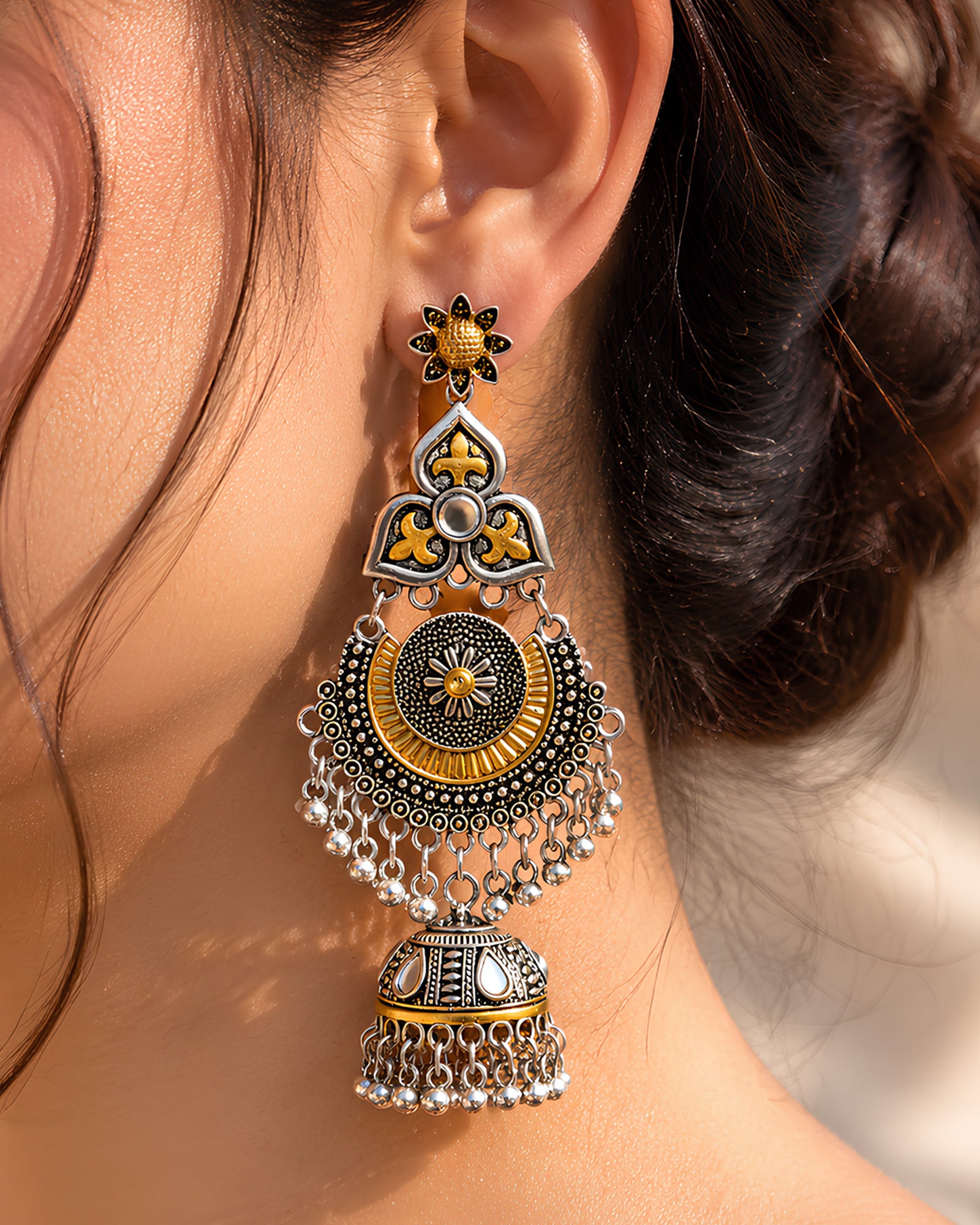 Dual-Tone Floral Mirror-Work Chandbali Oxidized Jhumkas