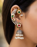 Dual-Tone Floral Motif Curved Ear Cuff Jhumkas