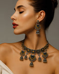 Dual-Tone Floral Panel & Heart-Shield Cascading Jhumka Choker Set