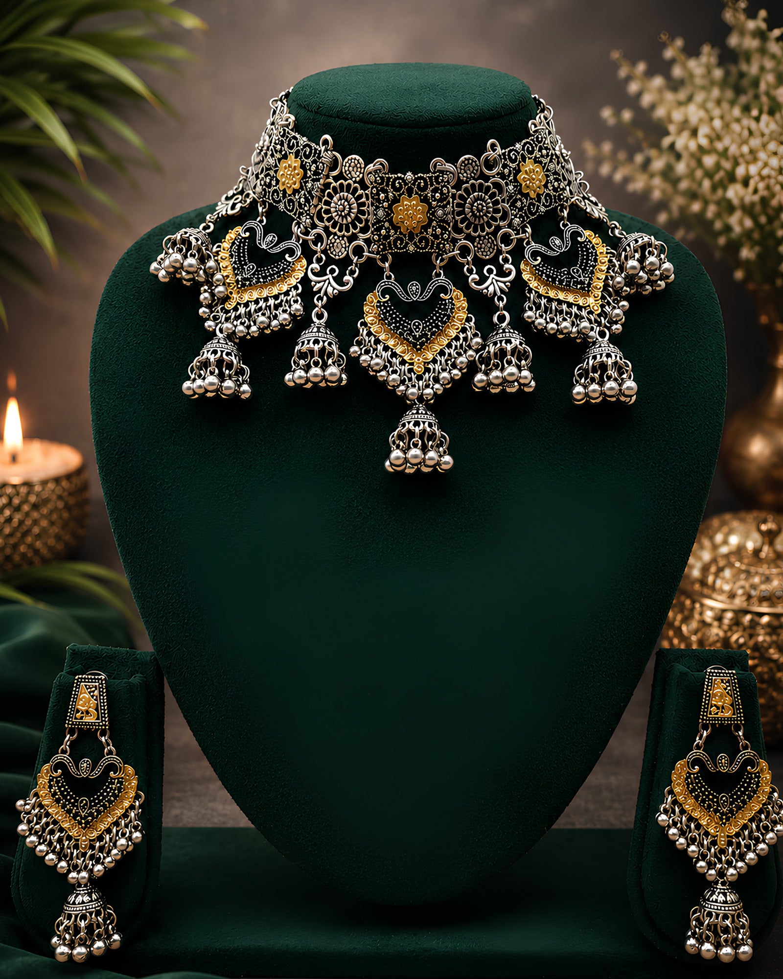 Dual-Tone Floral Panel & Heart-Shield Cascading Jhumka Choker Set