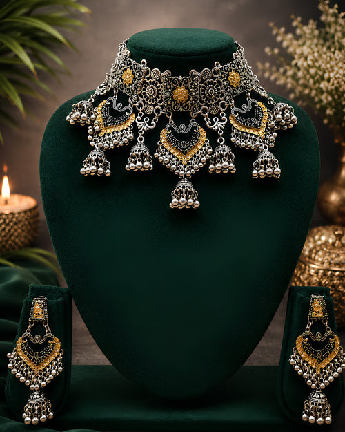 Dual-Tone Floral Panel & Heart-Shield Cascading Jhumka Choker Set