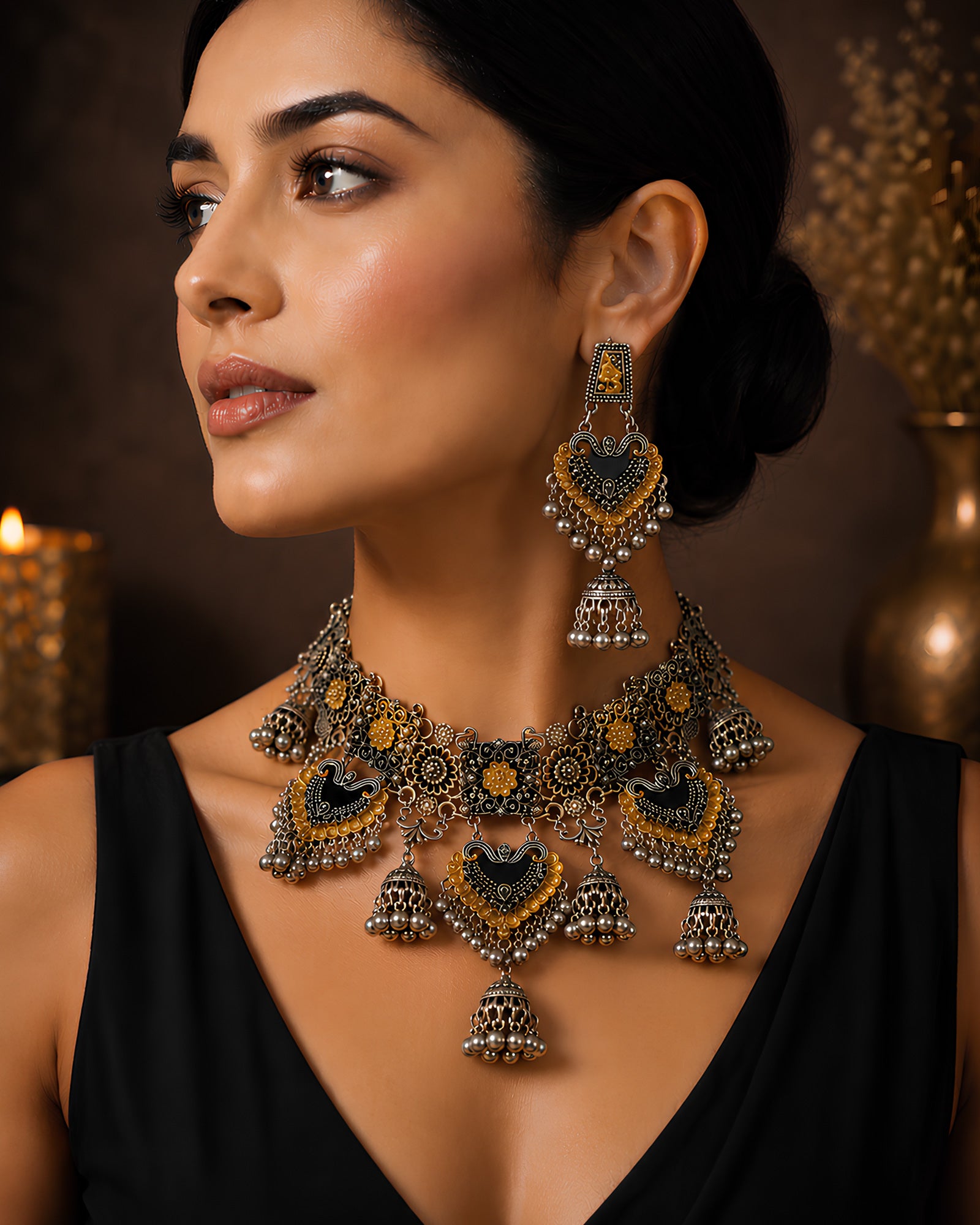Dual-Tone Floral Panel & Heart-Shield Cascading Jhumka Choker Set