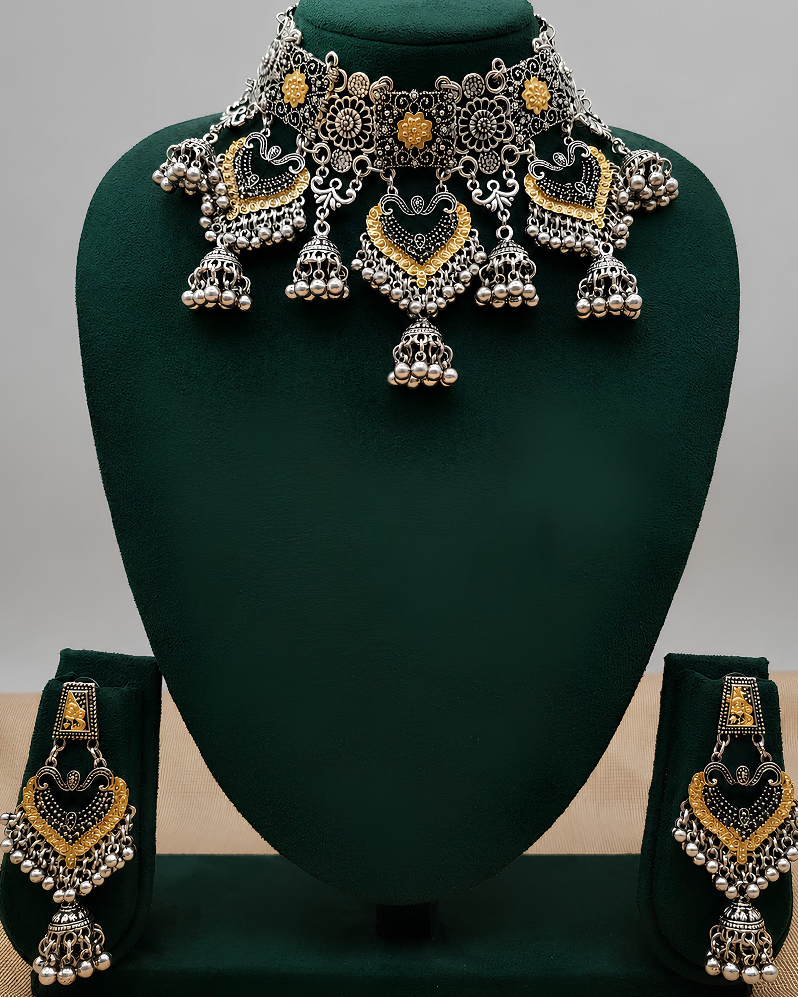 Dual-Tone Floral Panel & Heart-Shield Cascading Jhumka Choker Set