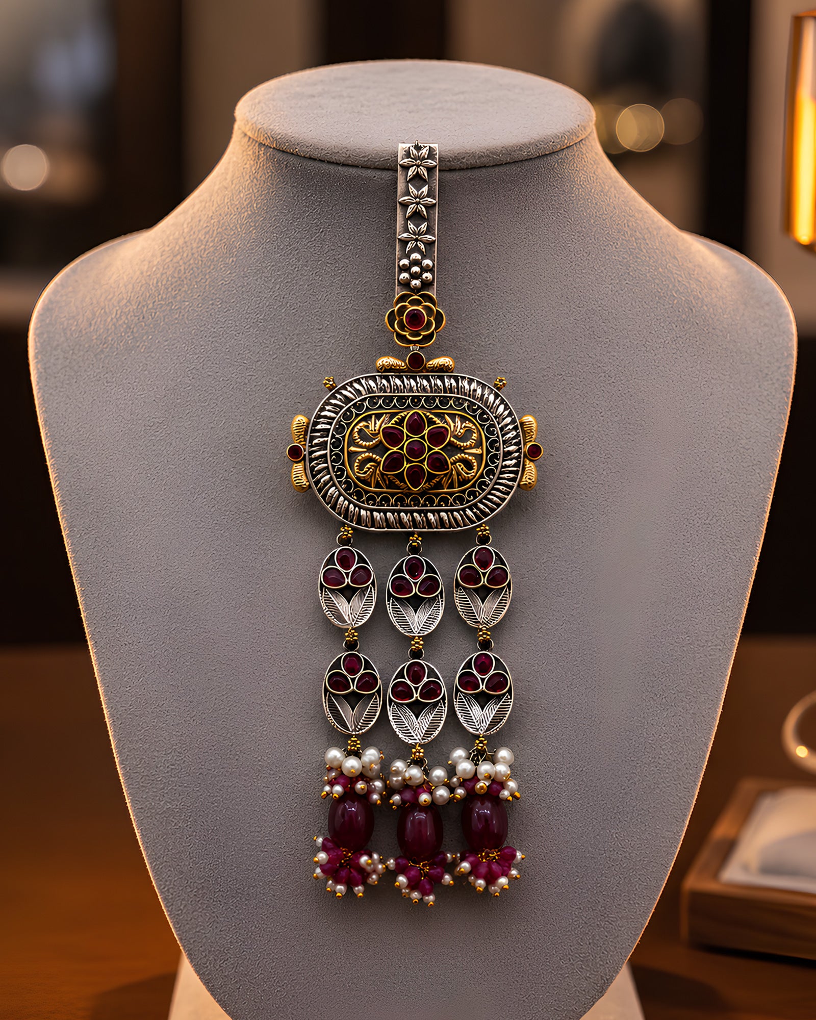 Dual-Tone Floral Shield & Ruby Leaf Chabi Chhalla