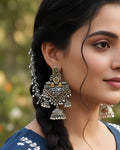 Dual-Tone Floral Shield Oxidized Jhumkas with Hair Chain
