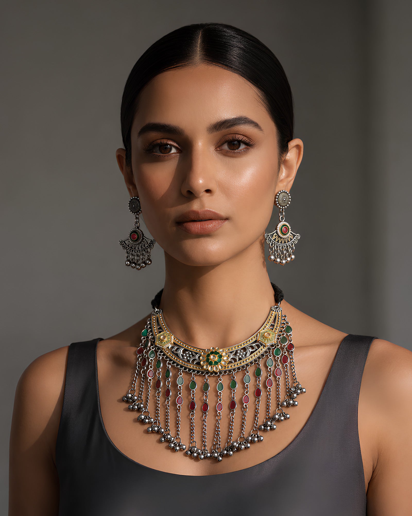 Dual-Tone Gemstone Fringe Oxidized Necklace