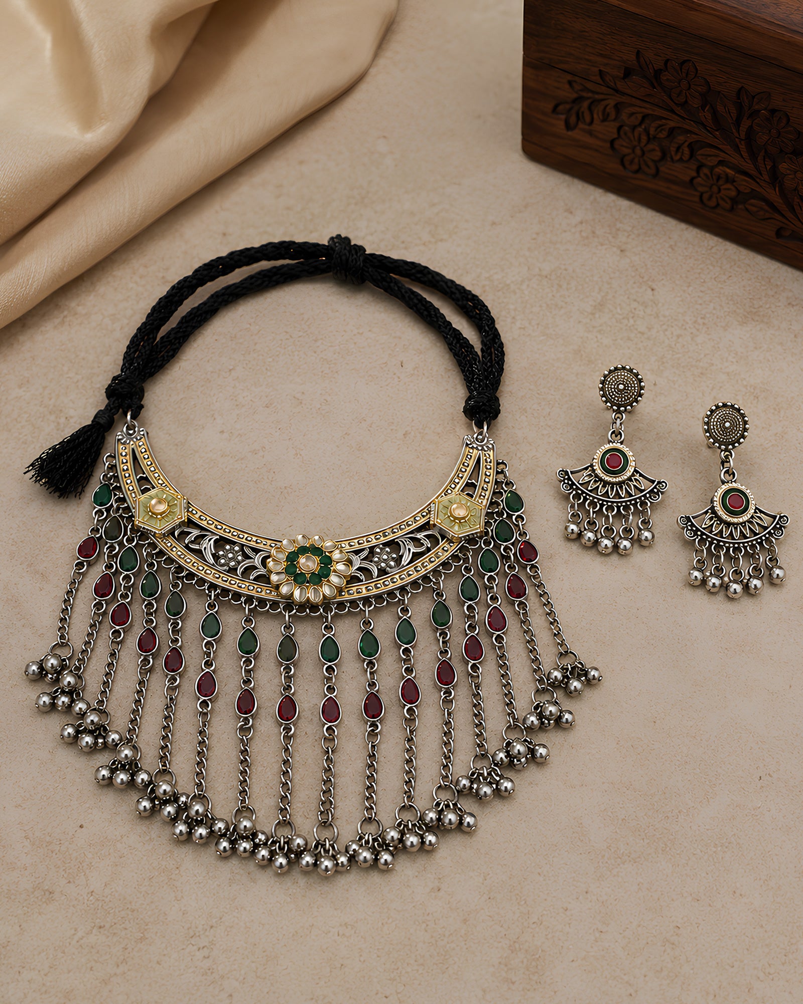 Dual-Tone Gemstone Fringe Oxidized Necklace