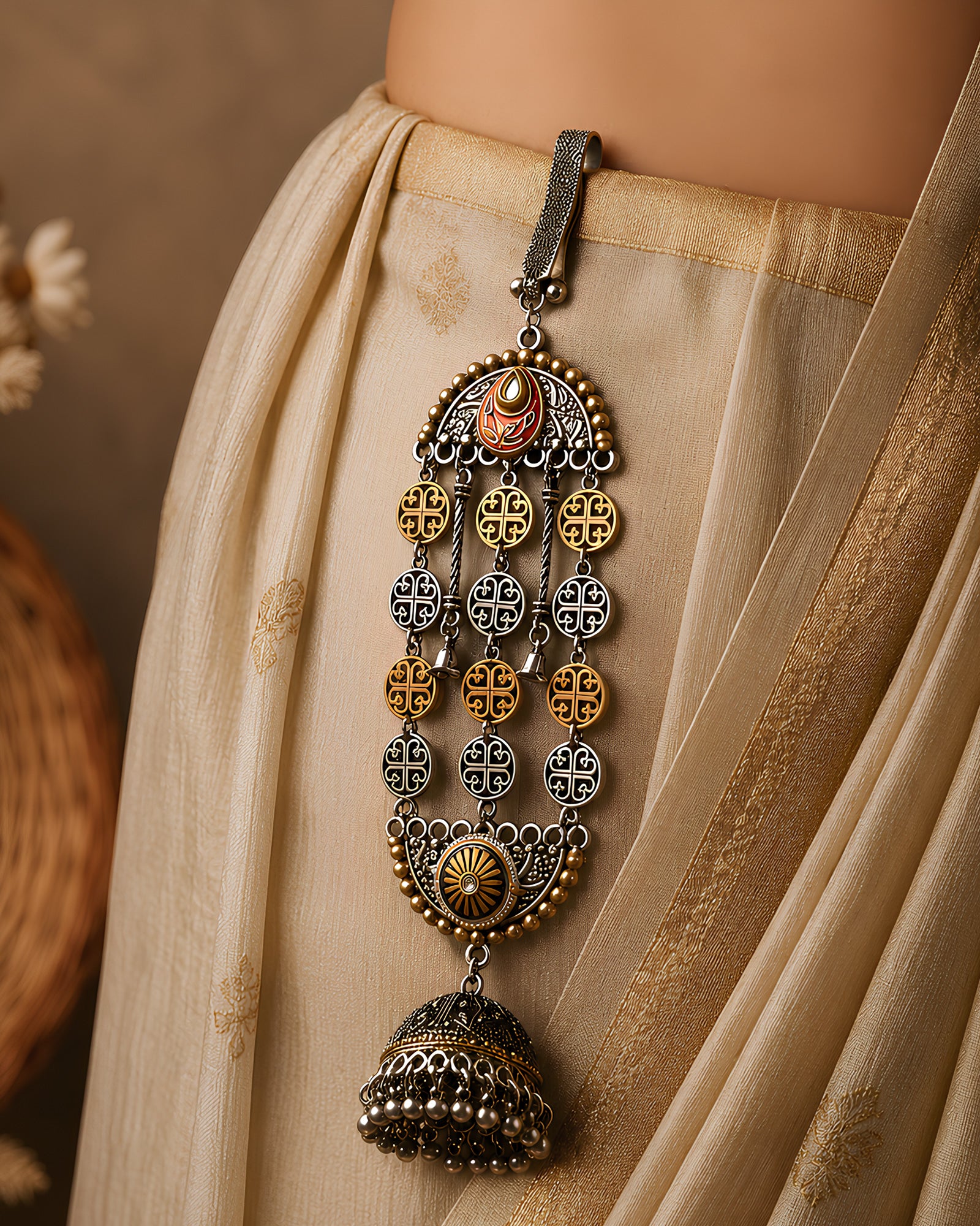 Dual-Tone Geometric Coin & Jhumka Saree Juda