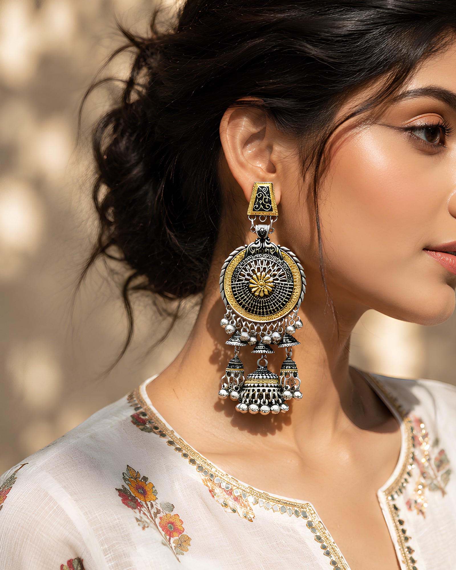 Dual-Tone Geometric Mandala Tiered Oxidized Jhumkas
