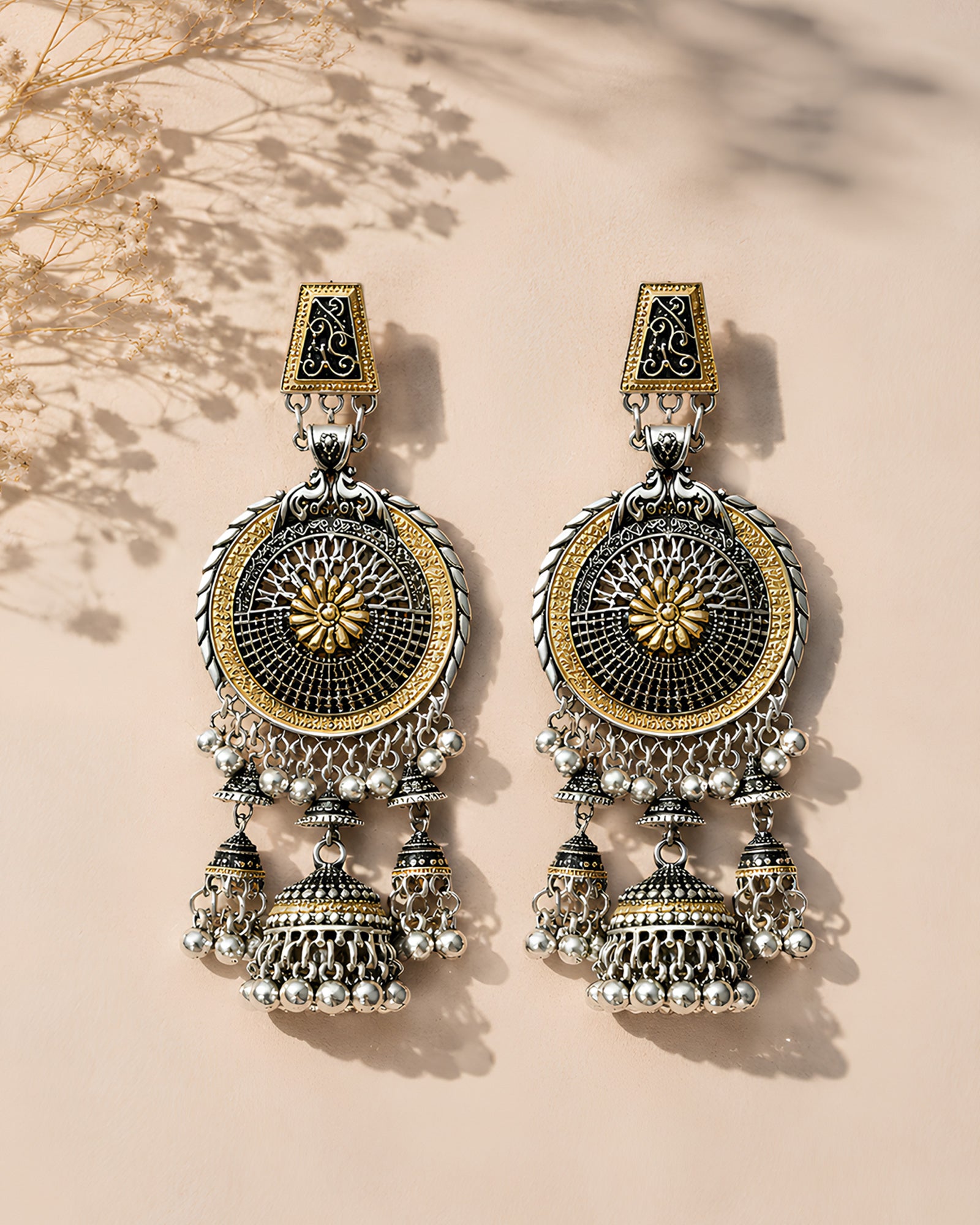Dual-Tone Geometric Mandala Tiered Oxidized Jhumkas