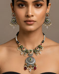 Dual-Tone Geometric Medallion & Pearl Drop Oxidized Necklace