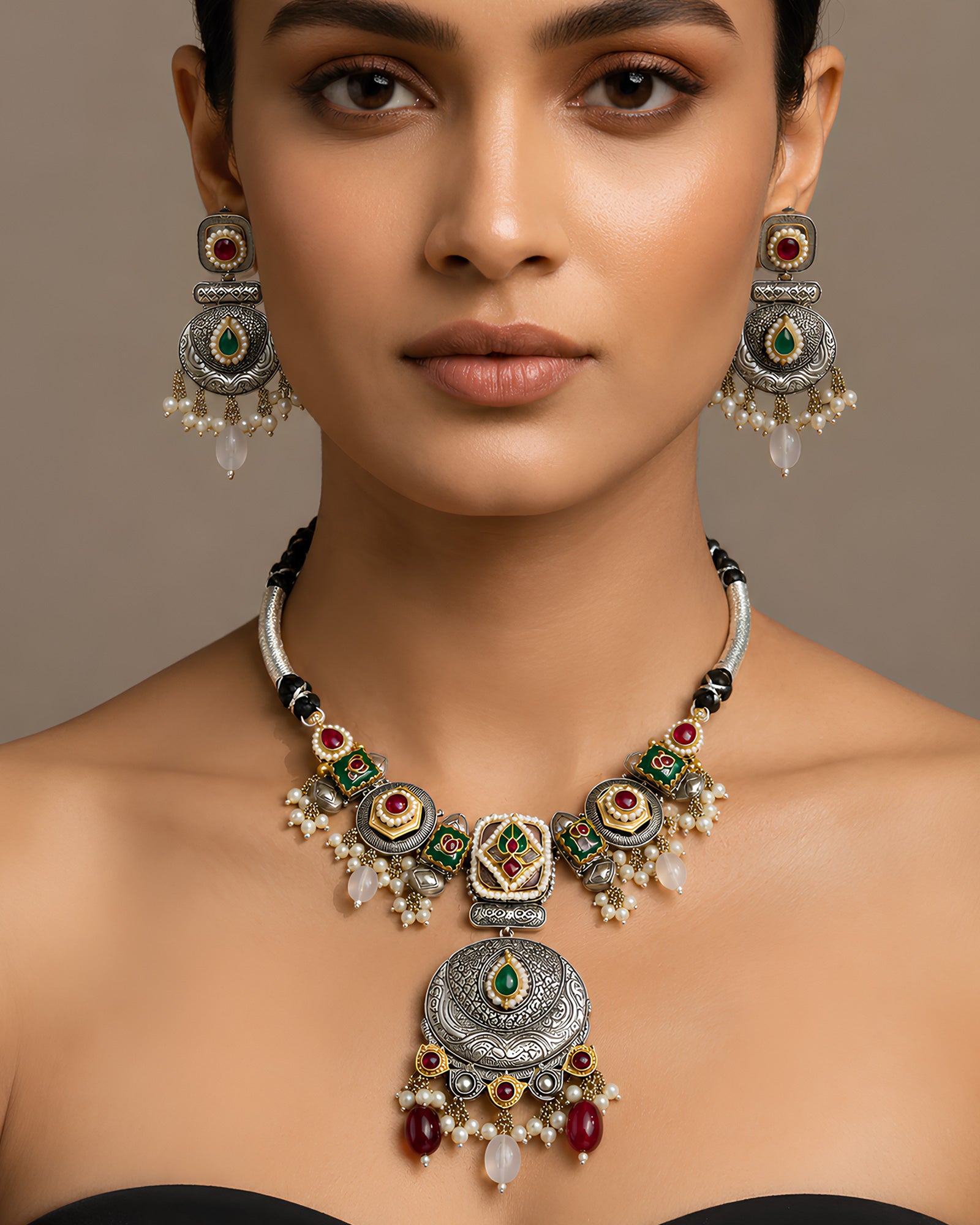 Dual-Tone Geometric Medallion & Pearl Drop Oxidized Necklace