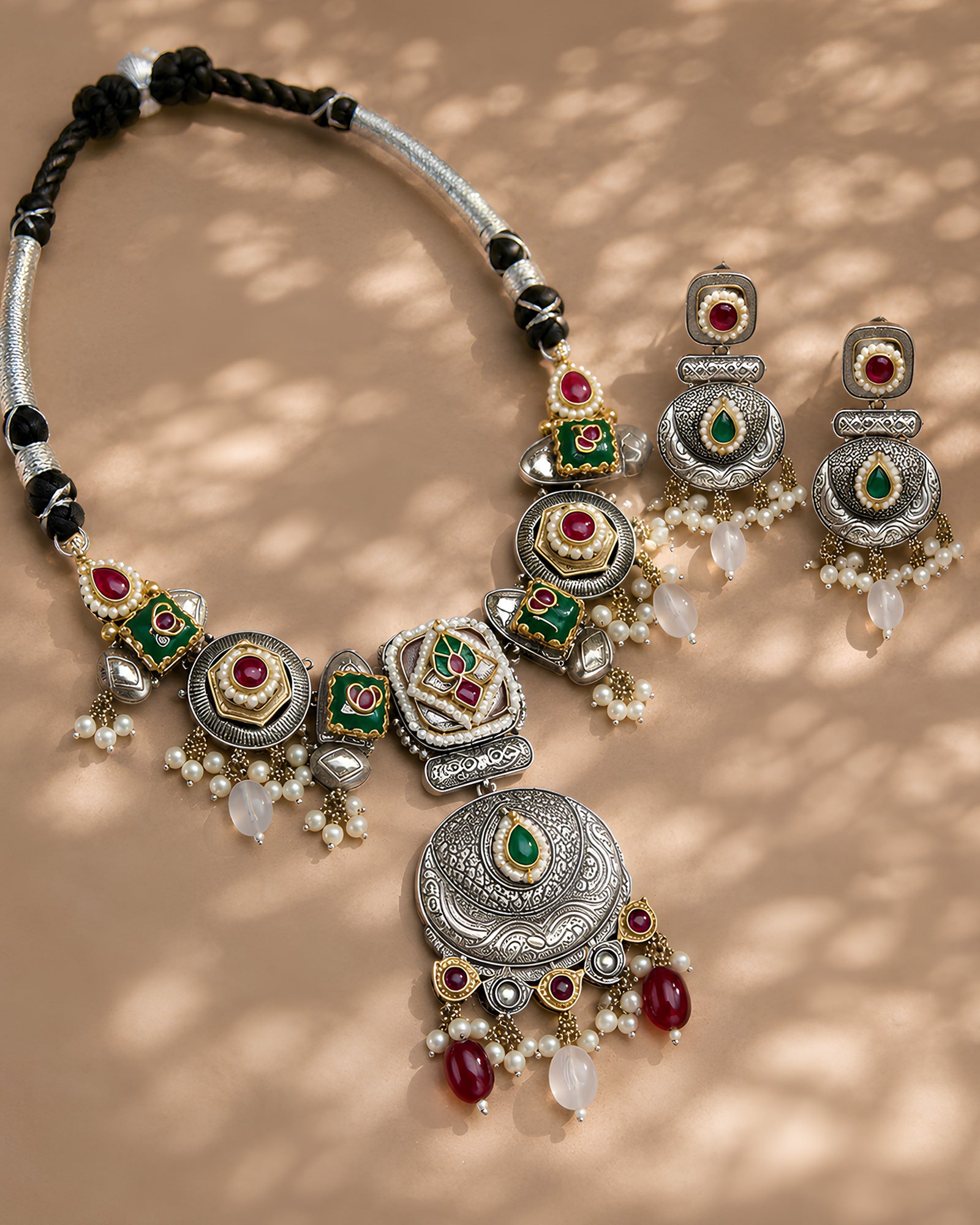 Dual-Tone Geometric Medallion & Pearl Drop Oxidized Necklace