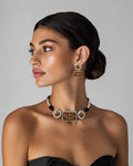Dual-Tone Geometric Meenakari Panel & Peacock Medallion Choker Necklace