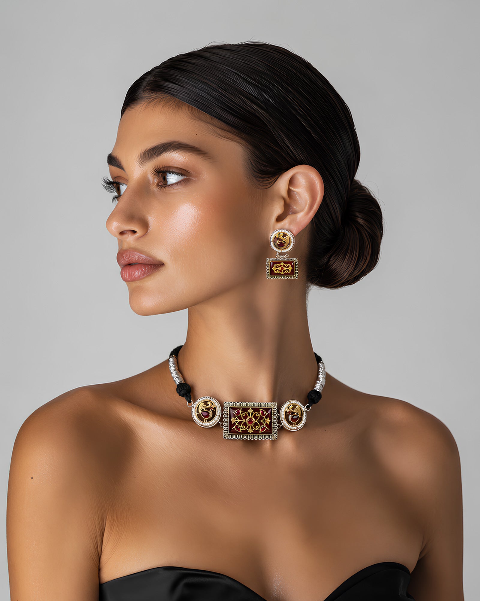 Dual-Tone Geometric Meenakari Panel & Peacock Medallion Choker Necklace