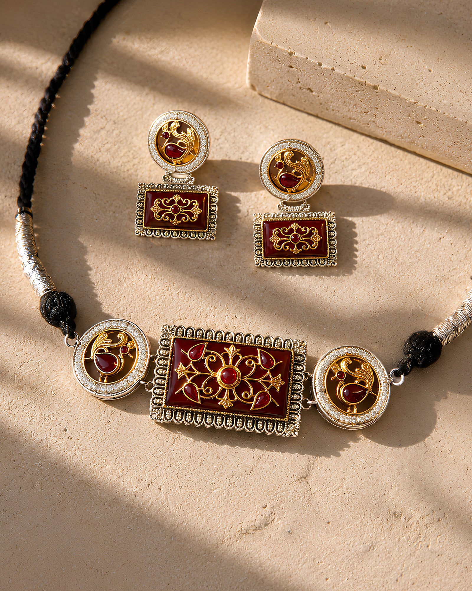Dual-Tone Geometric Meenakari Panel & Peacock Medallion Choker Necklace