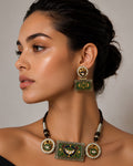 Dual-Tone Geometric Meenakari Panel & Peacock Medallion Necklace