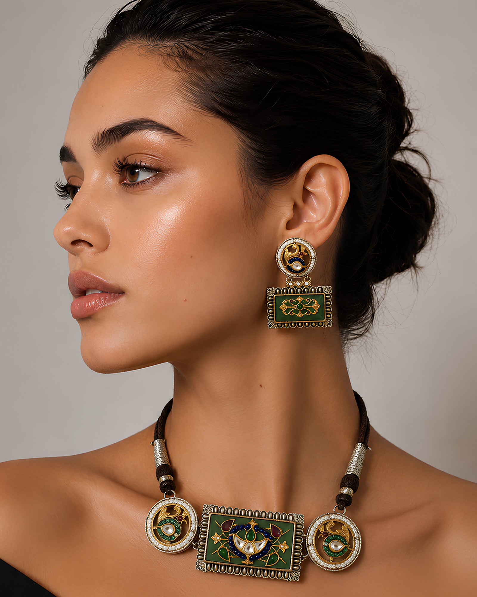 Dual-Tone Geometric Meenakari Panel & Peacock Medallion Necklace