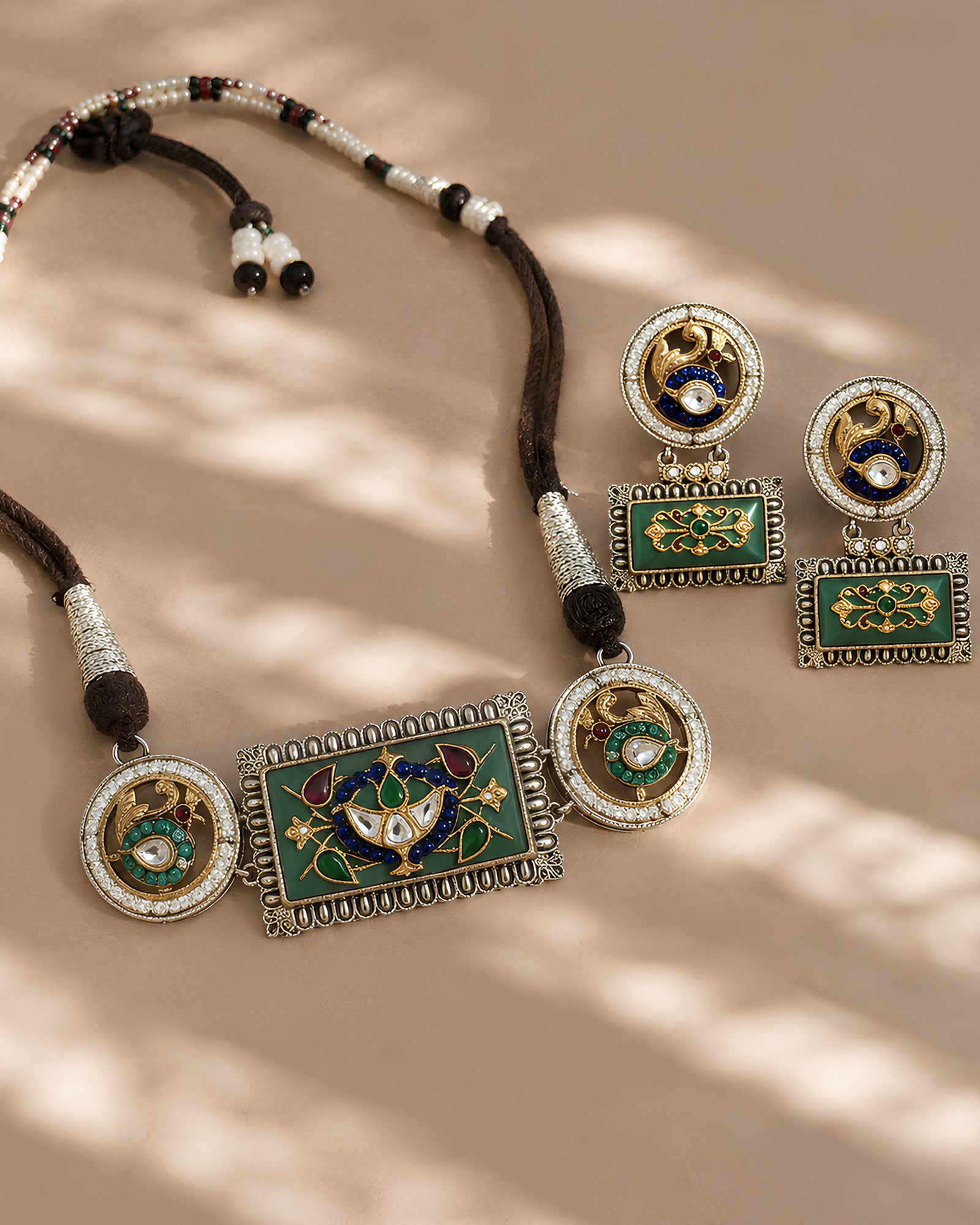 Dual-Tone Geometric Meenakari Panel & Peacock Medallion Necklace