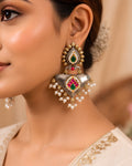 Dual-Tone Geometric Shield Enamel & Pearl Earrings