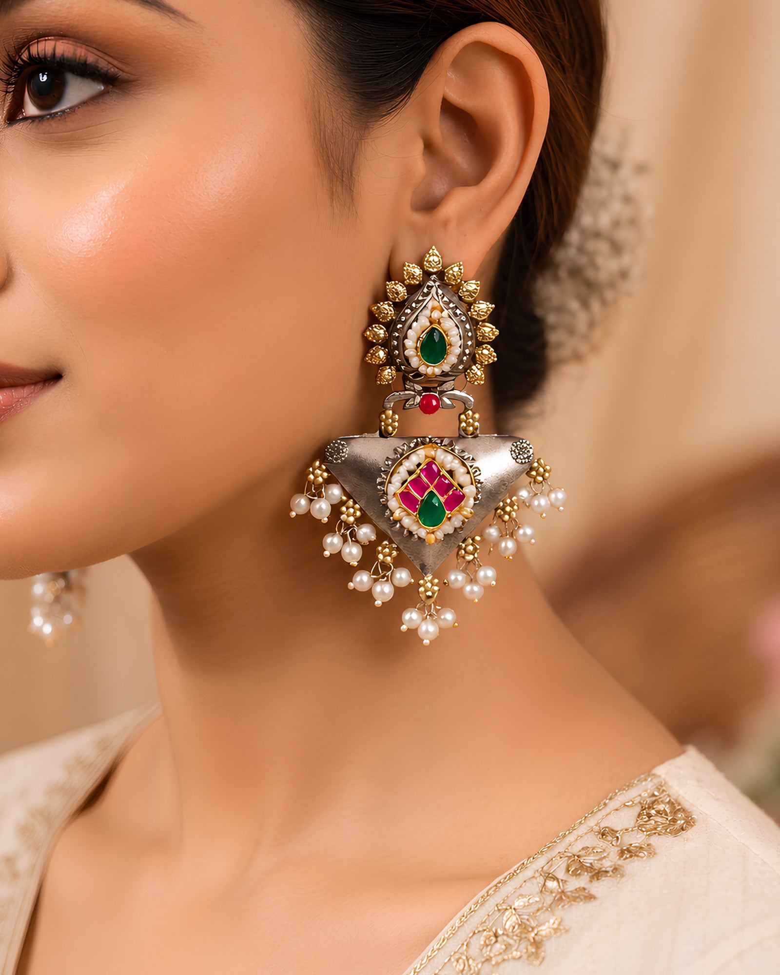 Dual-Tone Geometric Shield Enamel & Pearl Earrings