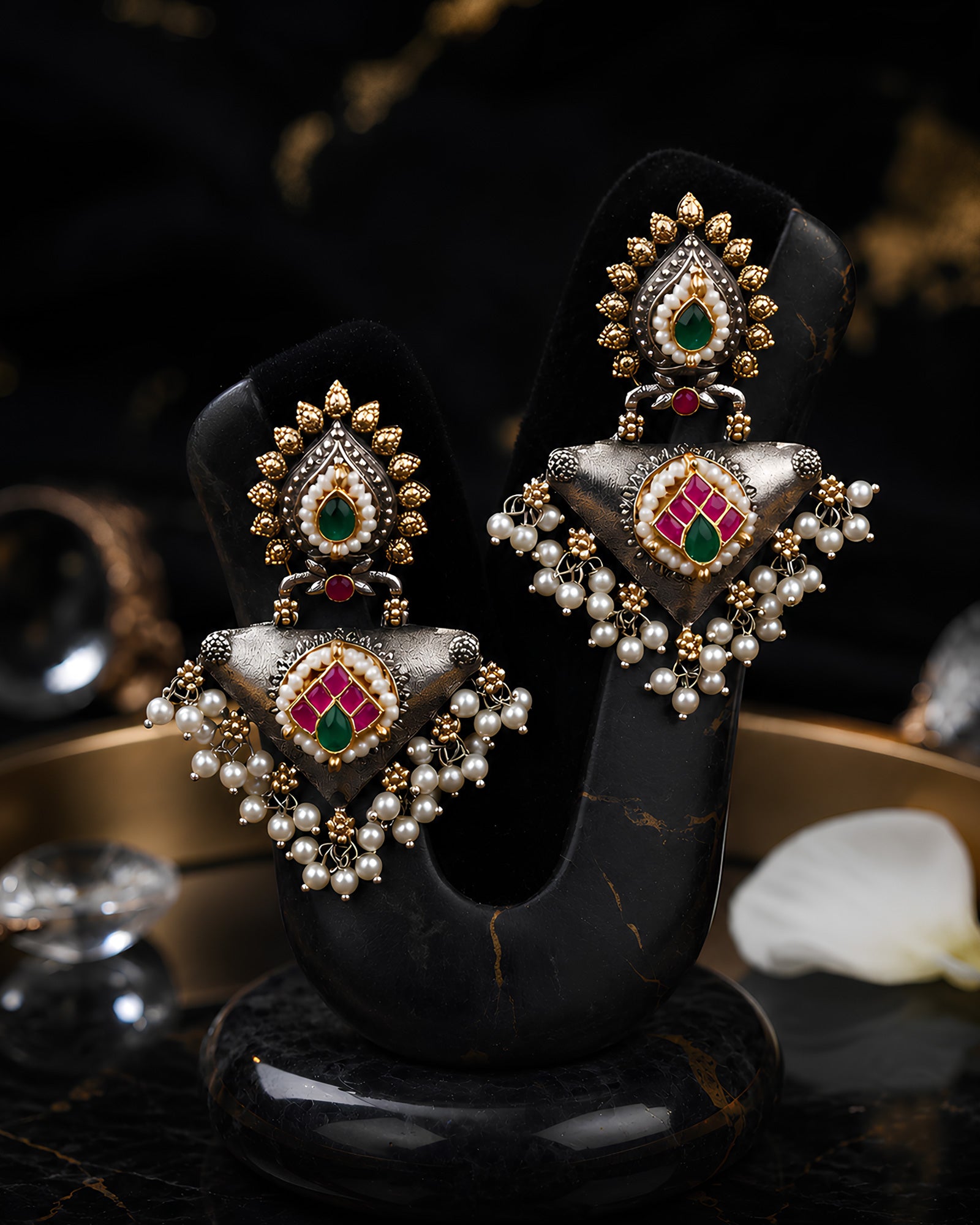 Dual-Tone Geometric Shield Enamel & Pearl Earrings