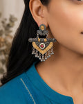 Dual-Tone Geometric Shield Oxidized Earrings