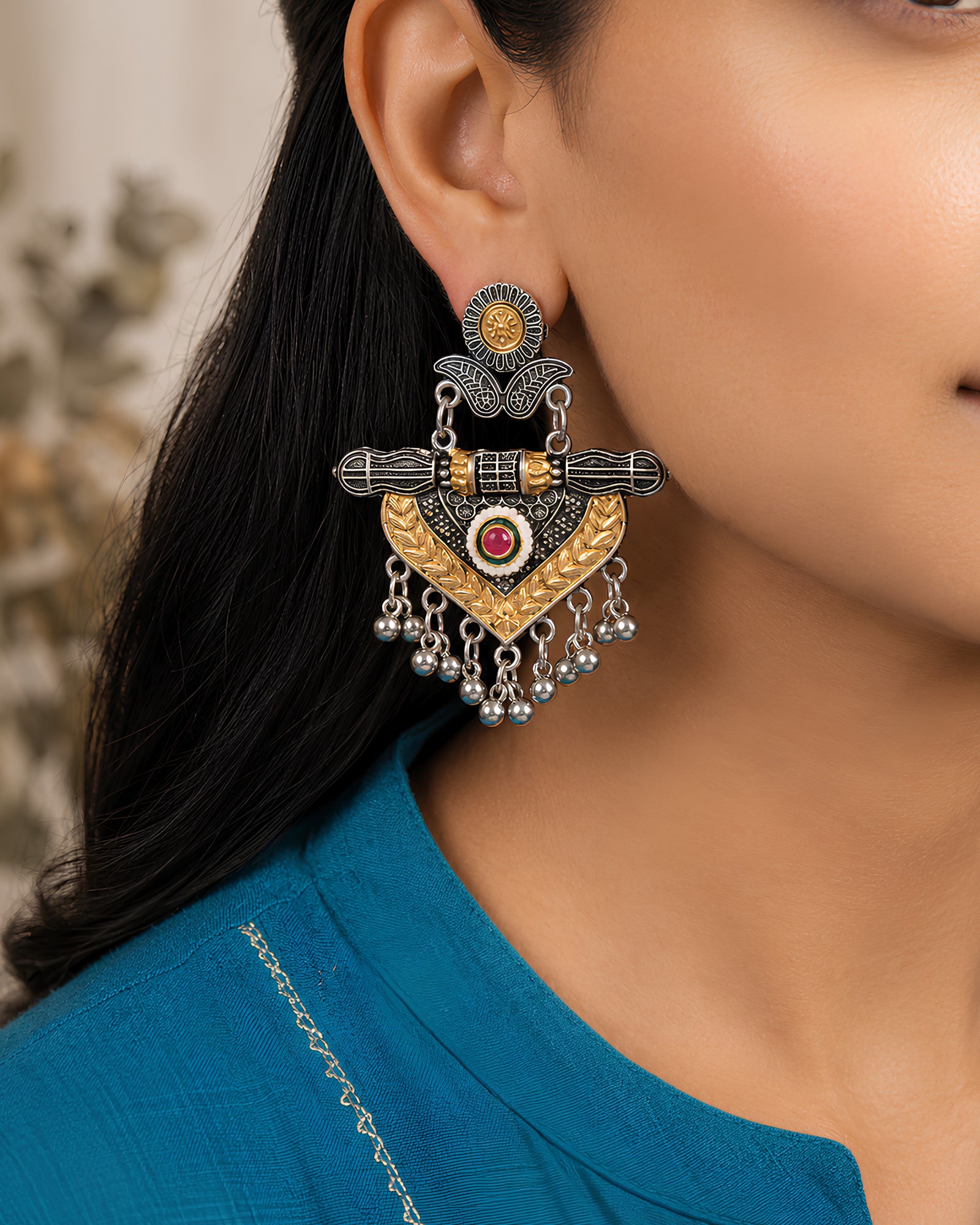 Dual-Tone Geometric Shield Oxidized Earrings