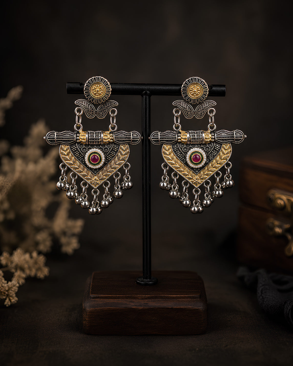 Dual-Tone Geometric Shield Oxidized Earrings