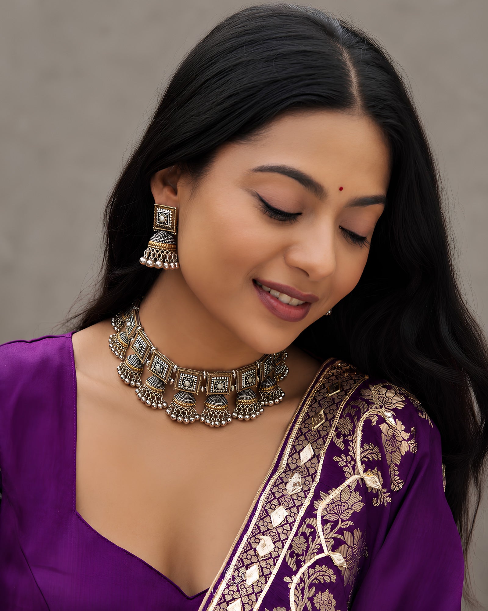 Dual-Tone Geometric Square Jhumka Oxidized Necklace