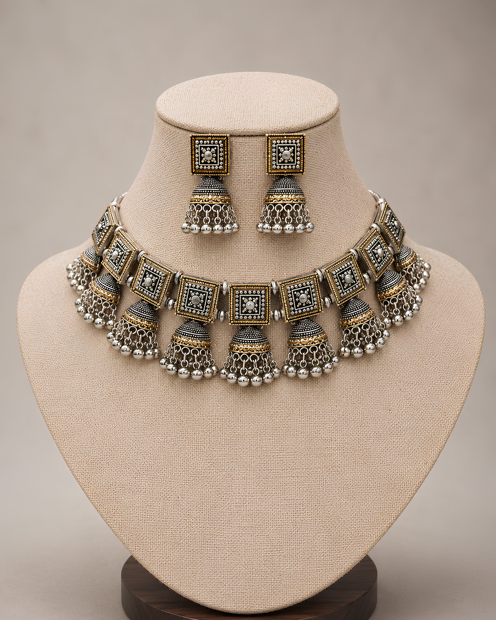 Dual-Tone Geometric Square Jhumka Oxidized Necklace