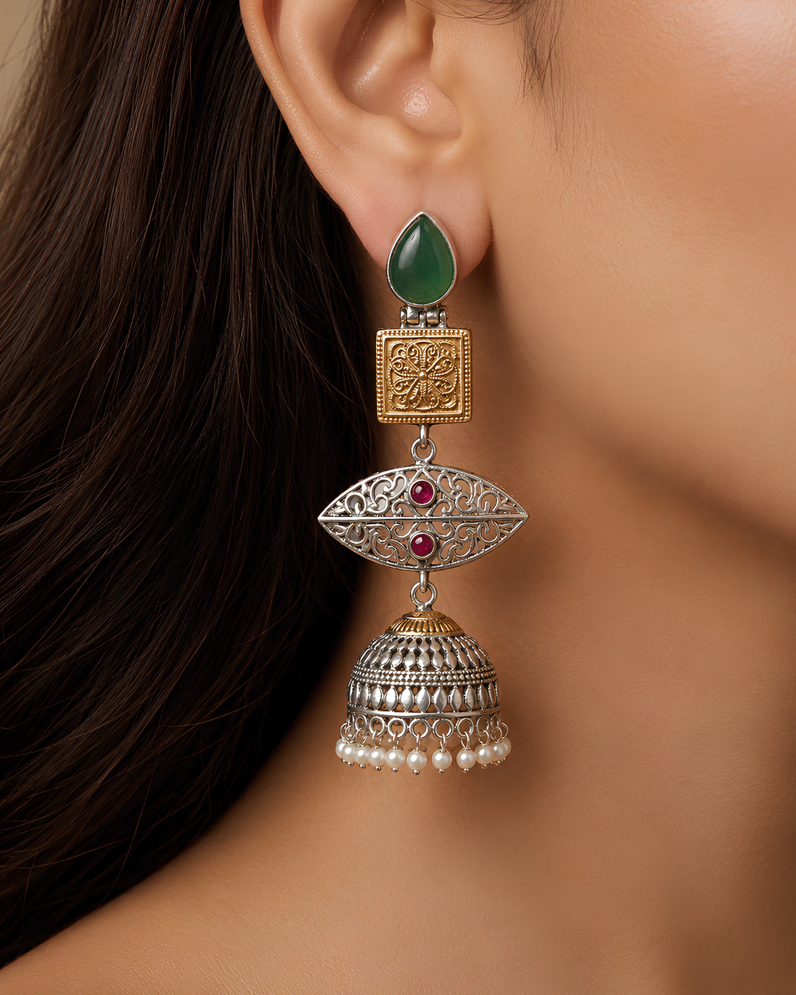Dual-Tone Geometric Tiered Filigree Jhumka Earrings