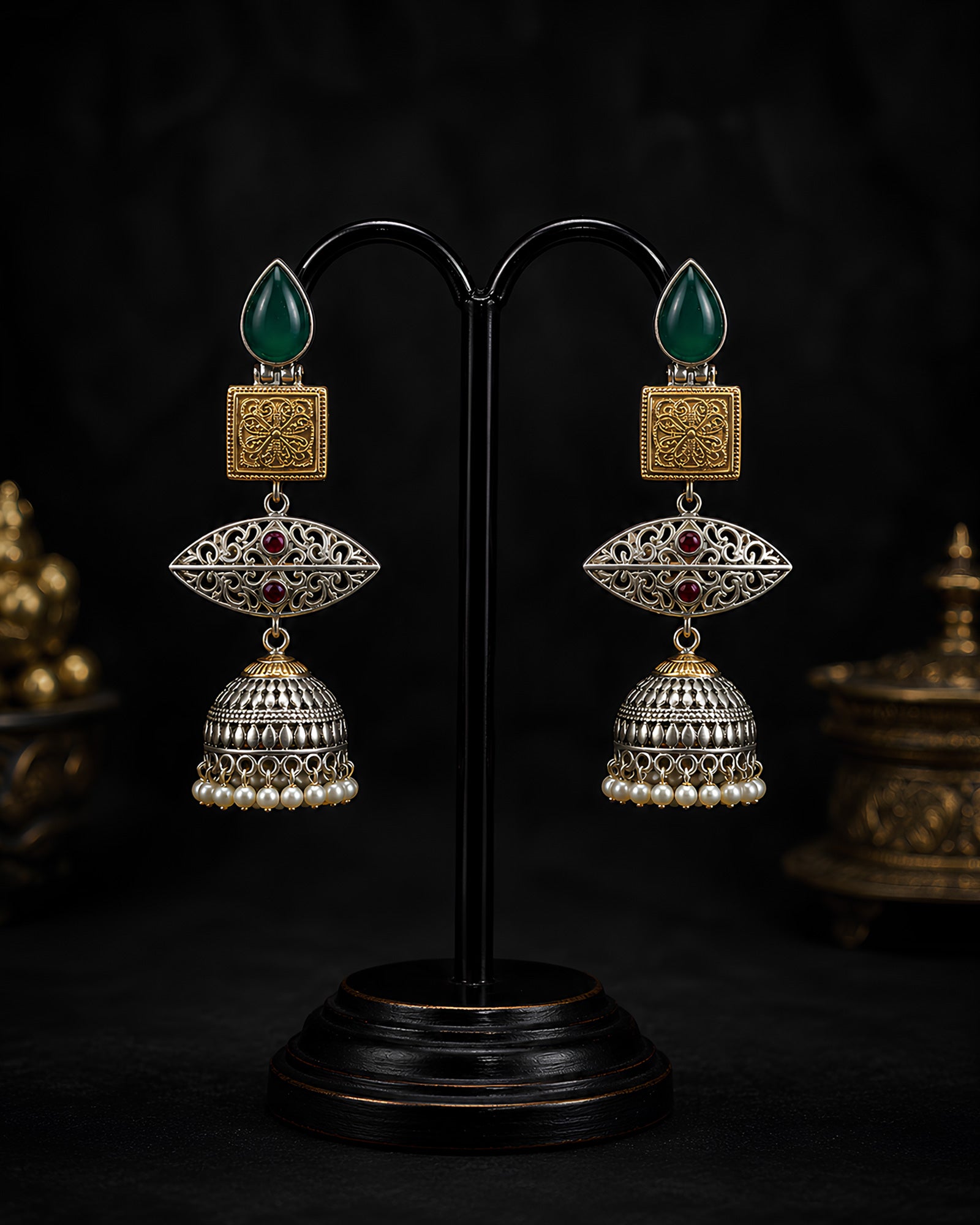 Dual-Tone Geometric Tiered Filigree Jhumka Earrings