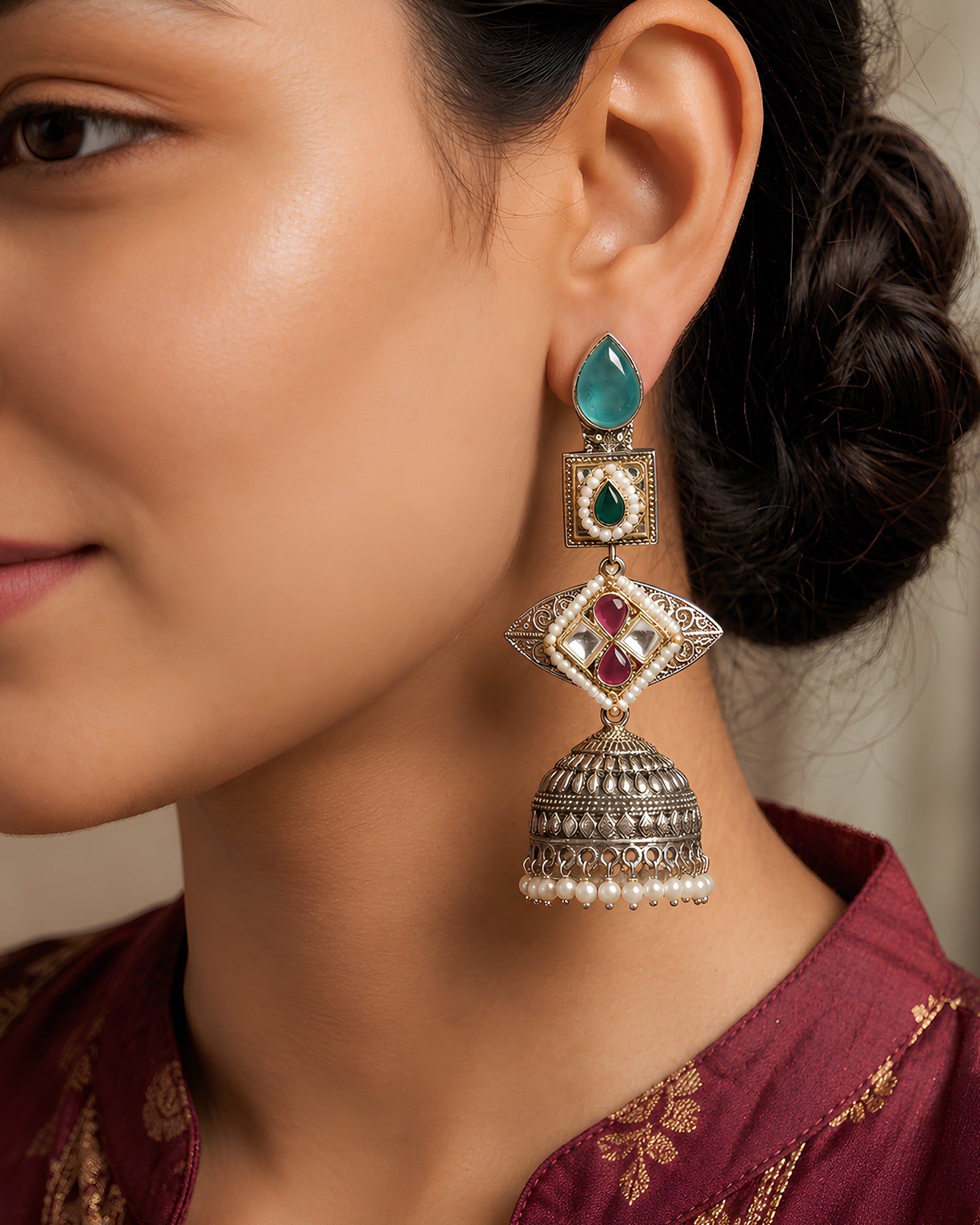 Dual-Tone Geometric Tiered Kundan Jhumka Earrings