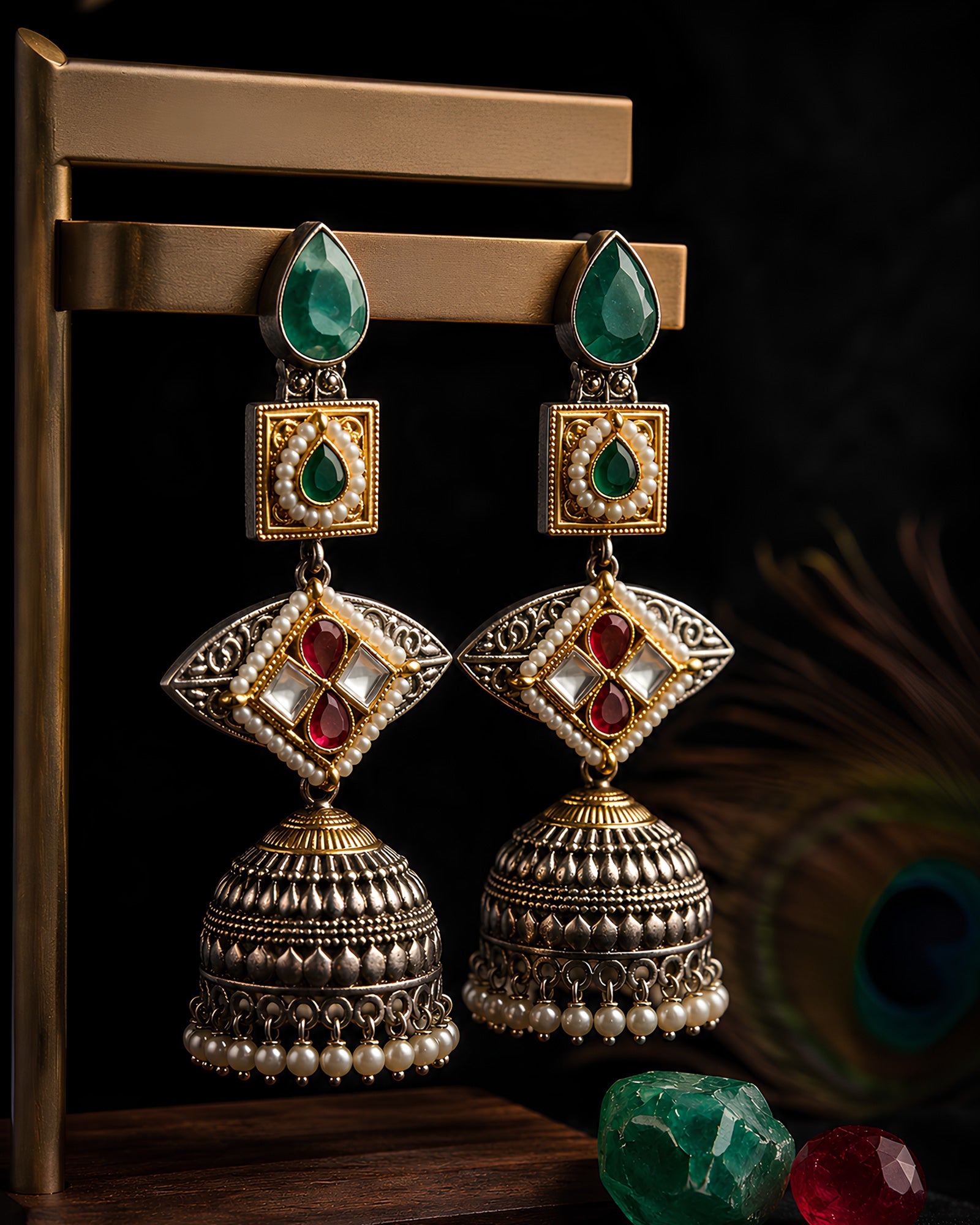 Dual-Tone Geometric Tiered Kundan Jhumka Earrings