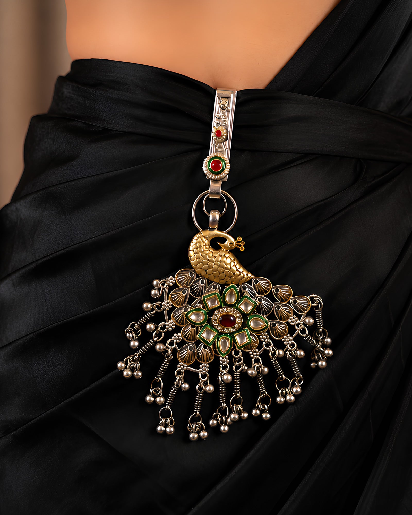 Dual-Tone Gold-Plated Peacock & Meenakari Plume Ghungroo Juda Pin