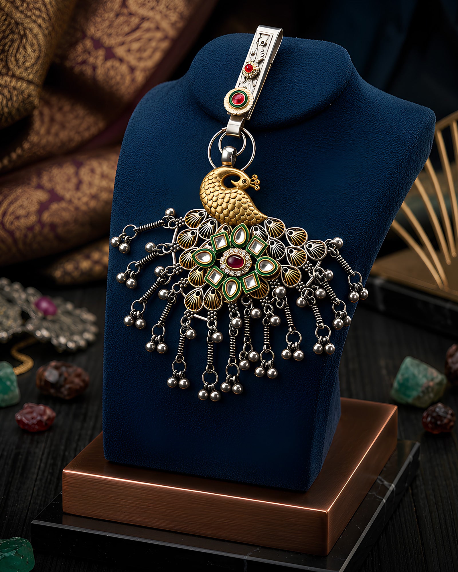 Dual-Tone Gold-Plated Peacock & Meenakari Plume Ghungroo Juda Pin